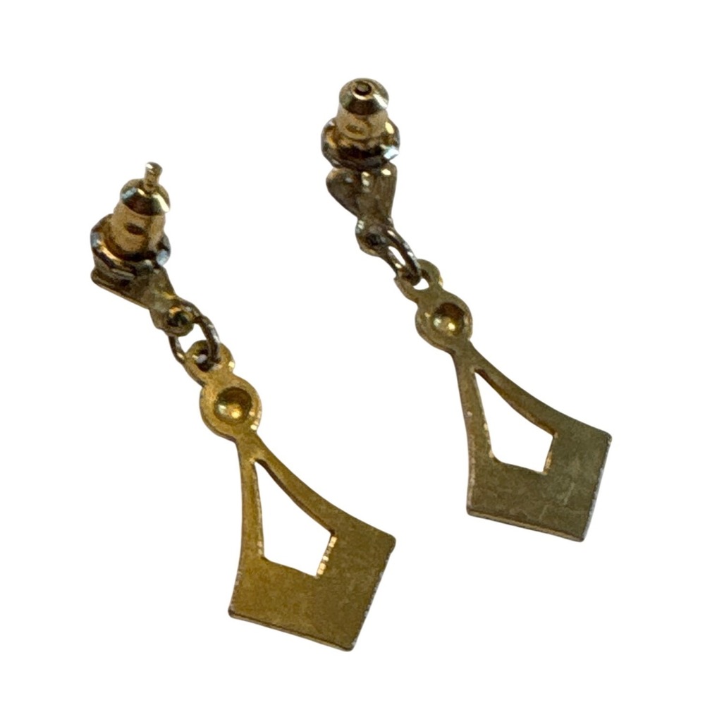 1960s Gold Tone Geometric Open Diamond Drop Dangle Earrings Textured Finish - Picture 12 of 12